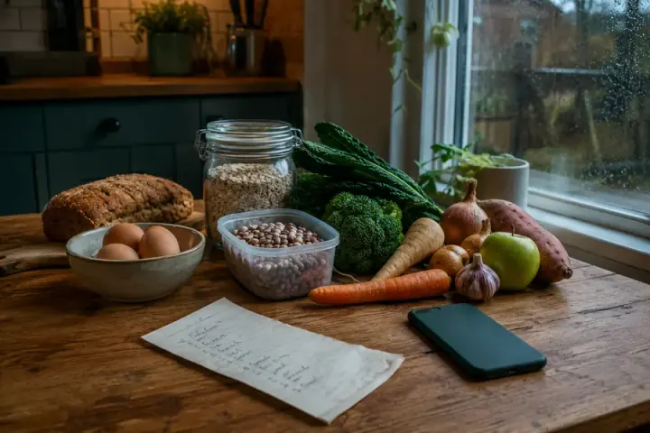 Everyday healthy groceries arranged on a kitchen table